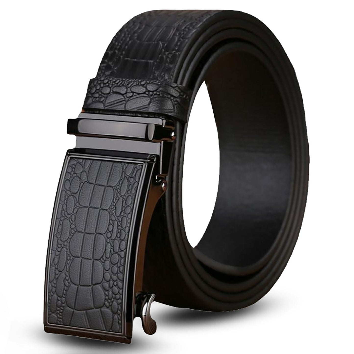 Genuine Cowhide Embossed with Crocodile Pattern Belt Luxury Business Automatic Belts (Black)