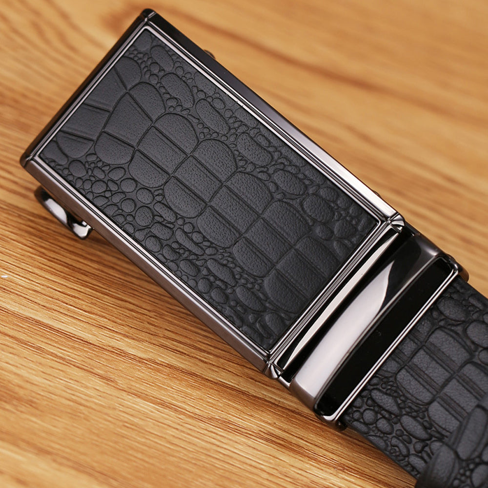 Genuine Cowhide Embossed with Crocodile Pattern Belt Luxury Business Automatic Belts (Black)