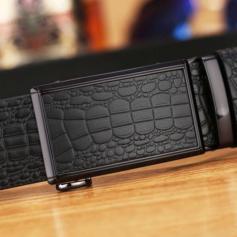 Genuine Cowhide Embossed with Crocodile Pattern Belt Luxury Business Automatic Belts (Black)