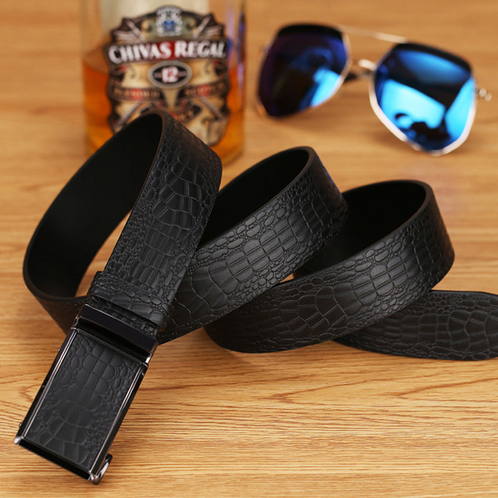 Genuine Cowhide Embossed with Crocodile Pattern Belt Luxury Business Automatic Belts (Black)
