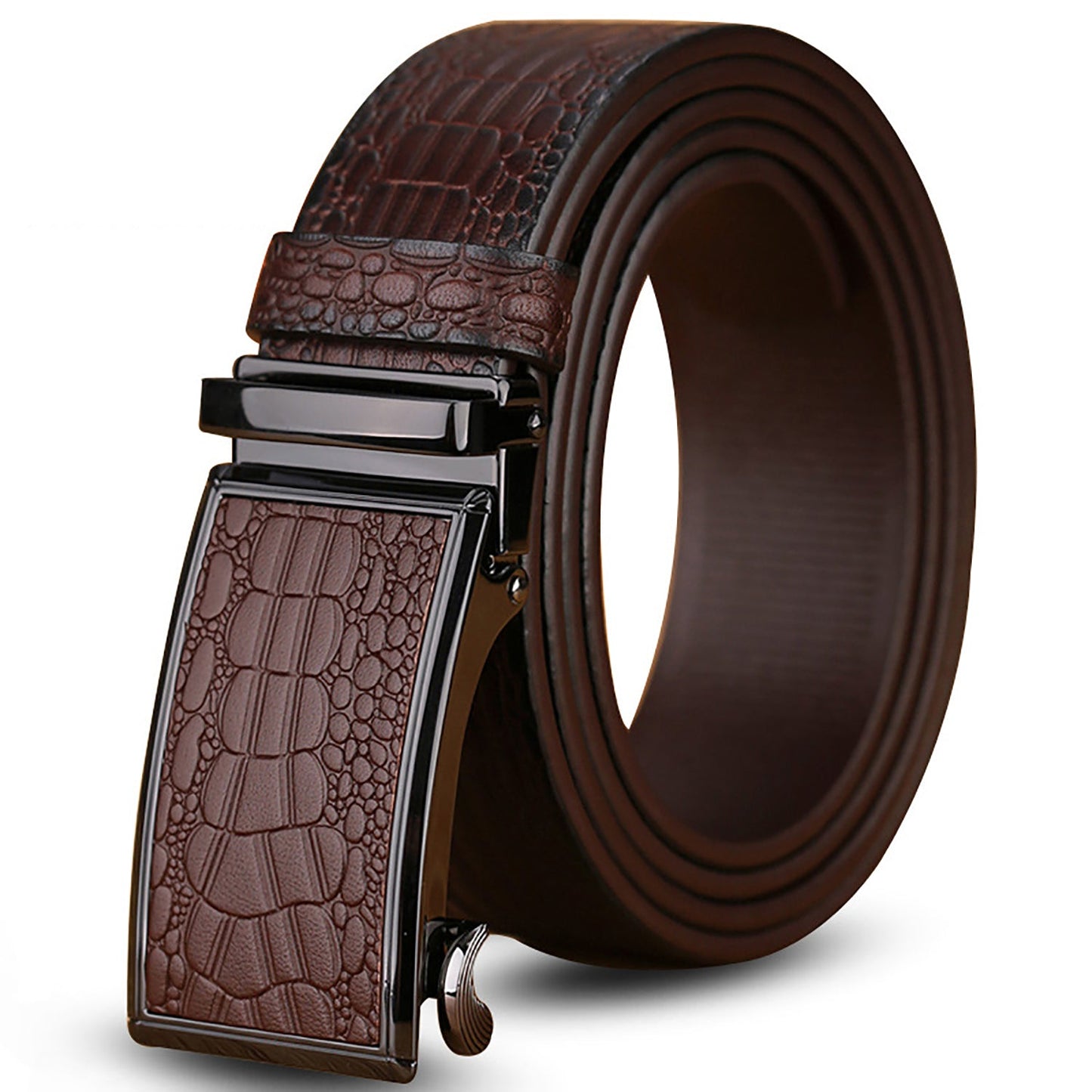 Genuine Cowhide Embossed with Crocodile Pattern Belt Luxury Business Automatic Belts (Brown)