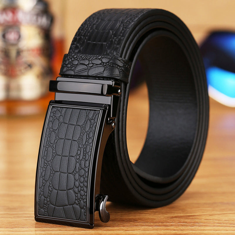 Genuine Cowhide Embossed with Crocodile Pattern Belt Luxury Business Automatic Belts (Brown)