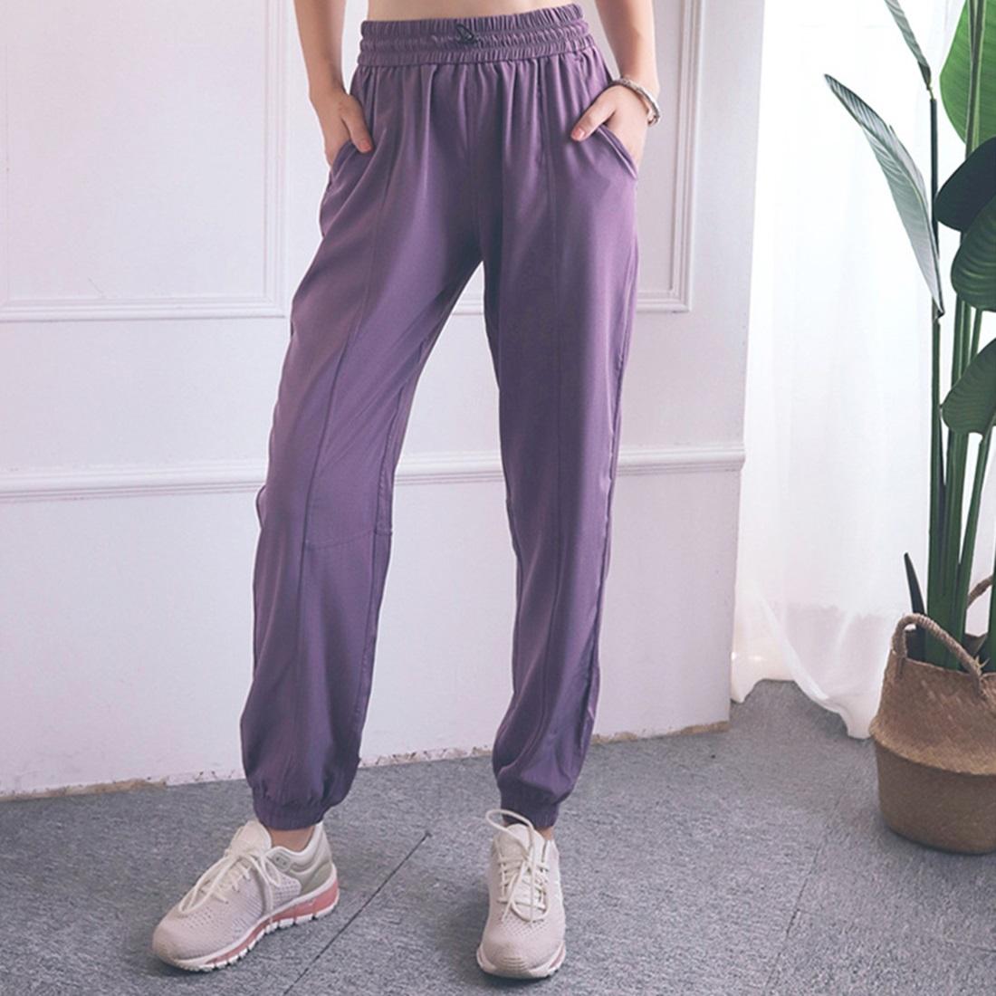 High Waist Drawstring Fitness Pants Black Size L - Smoke Purple L
