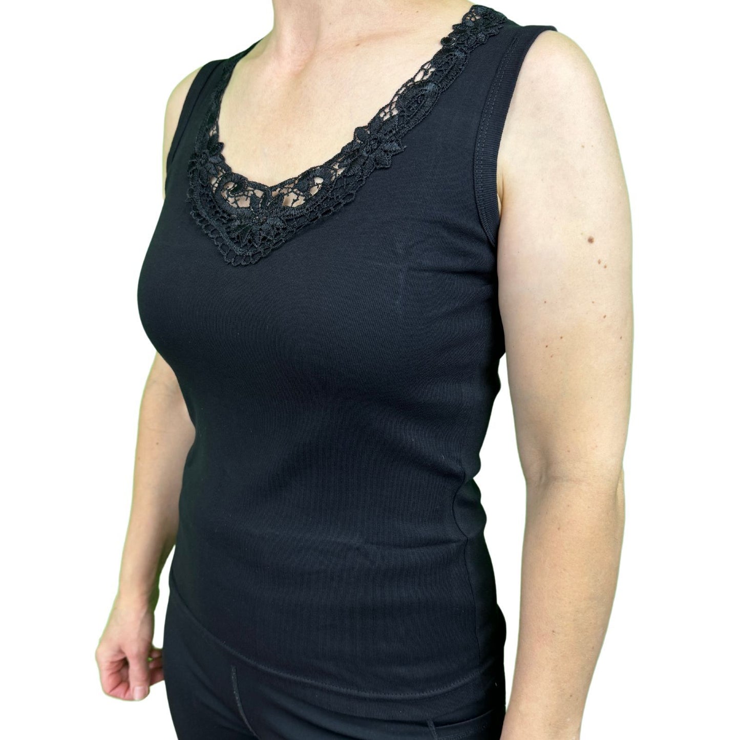 Ladies Sleeveless Singlet Top Womens Summer Basic Tank Shirt Lace Motif Front - Black - 18-20