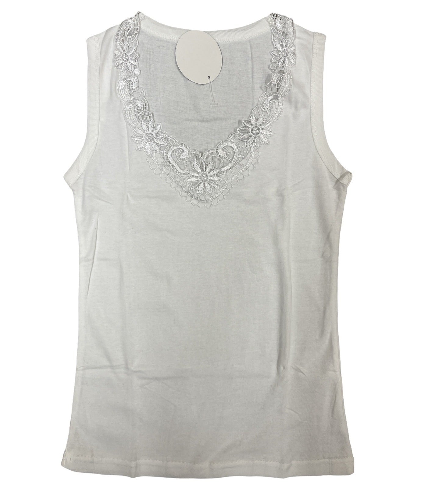 Ladies Sleeveless Singlet Top Womens Summer Basic Tank Shirt Lace Motif Front - Natural - 20-22