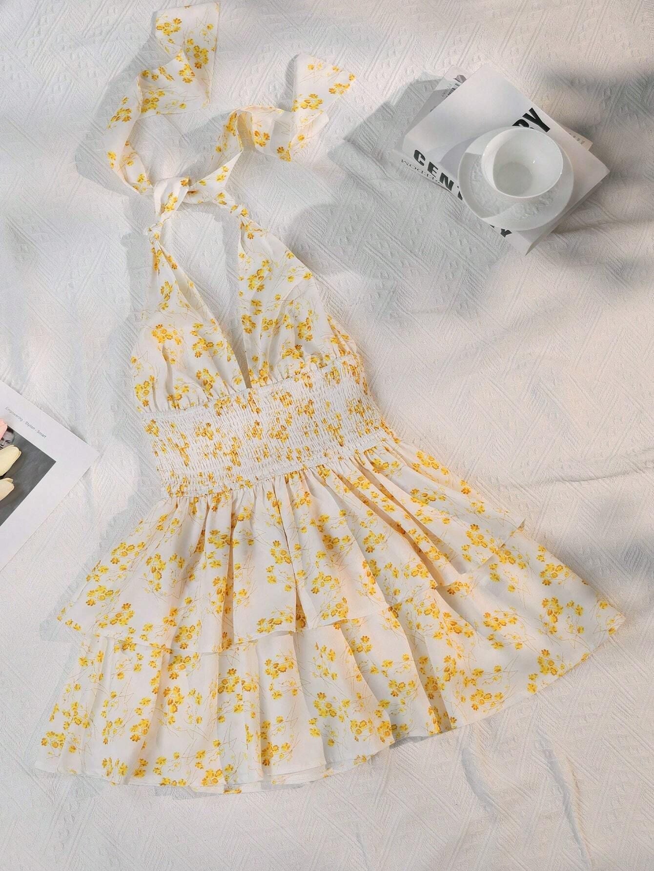 XL Yellow Chic Floral Halter Mini Dress - Ruffled Hem, Open Back - Perfect for Vacation