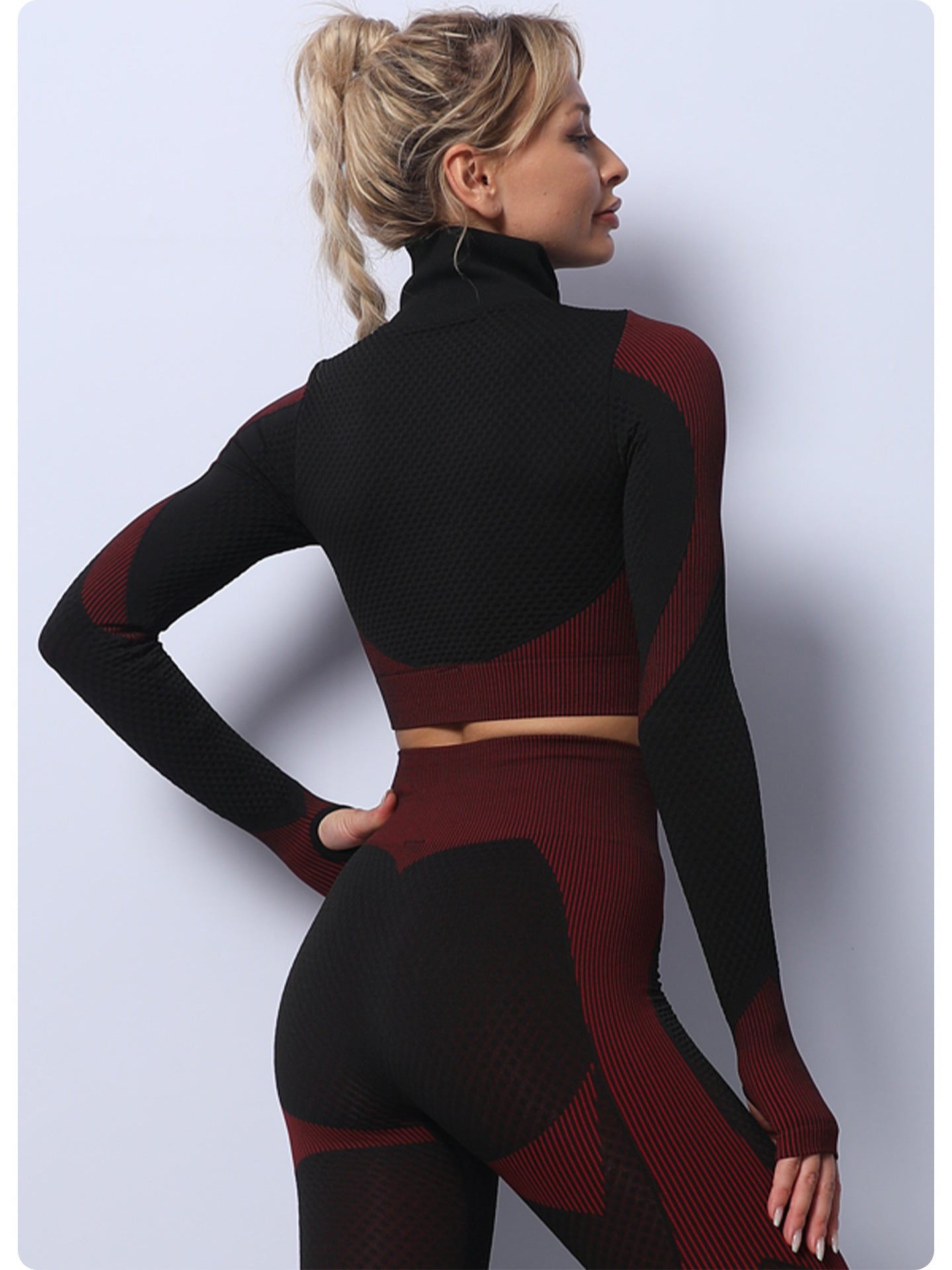 Black+Red High Waist Yoga Set for Women - Sports Bra, Long Sleeve Shirt & Leggings 3-Piece Workout Set Size L