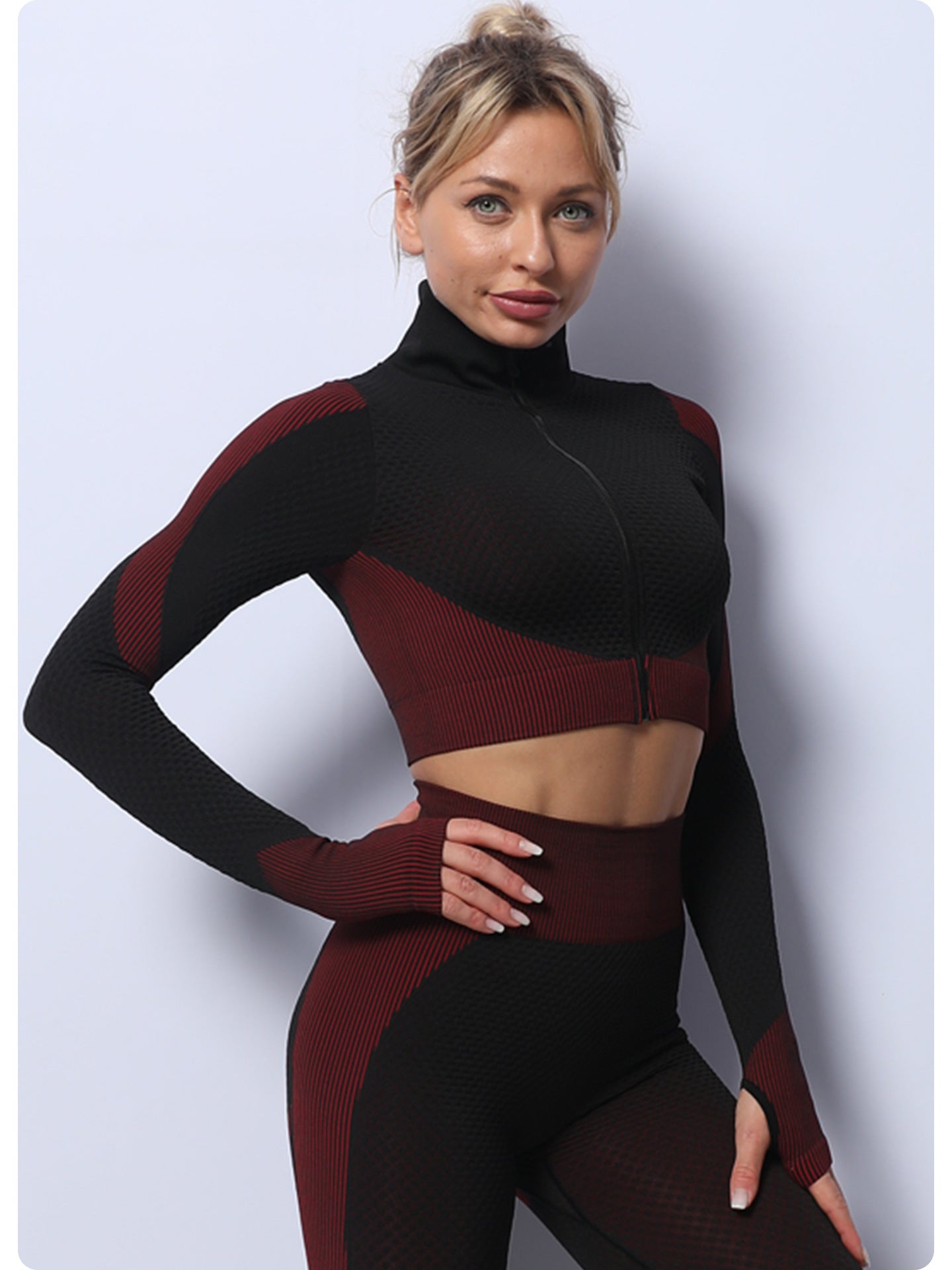 Black+Red High Waist Yoga Set for Women - Sports Bra, Long Sleeve Shirt & Leggings 3-Piece Workout Set Size L