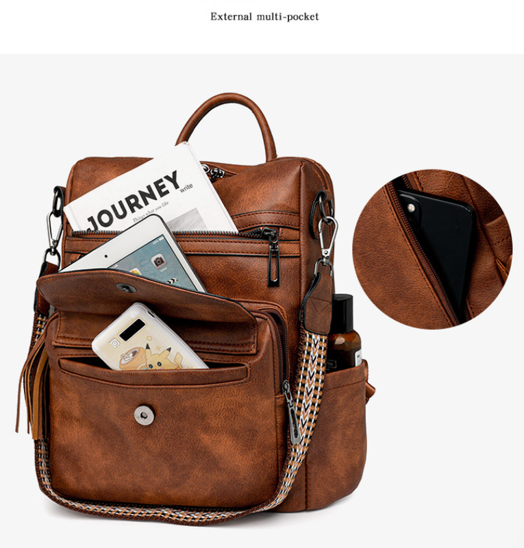 Brown Fashionable Women's Backpack Set - With Coin Purse and Tassels