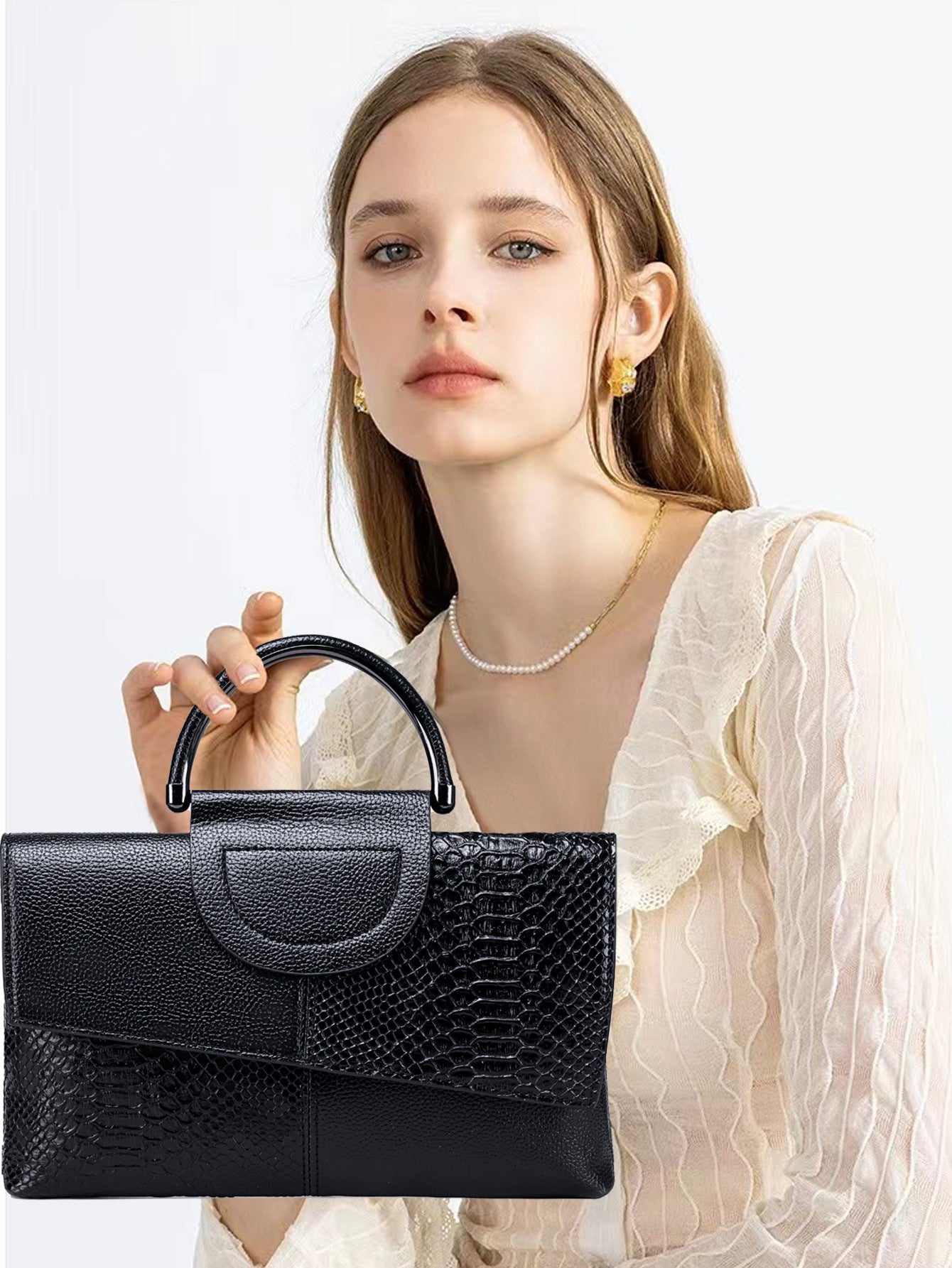 Black Elegant crocodile embossed clutch - with metal top handle and shoulder strap