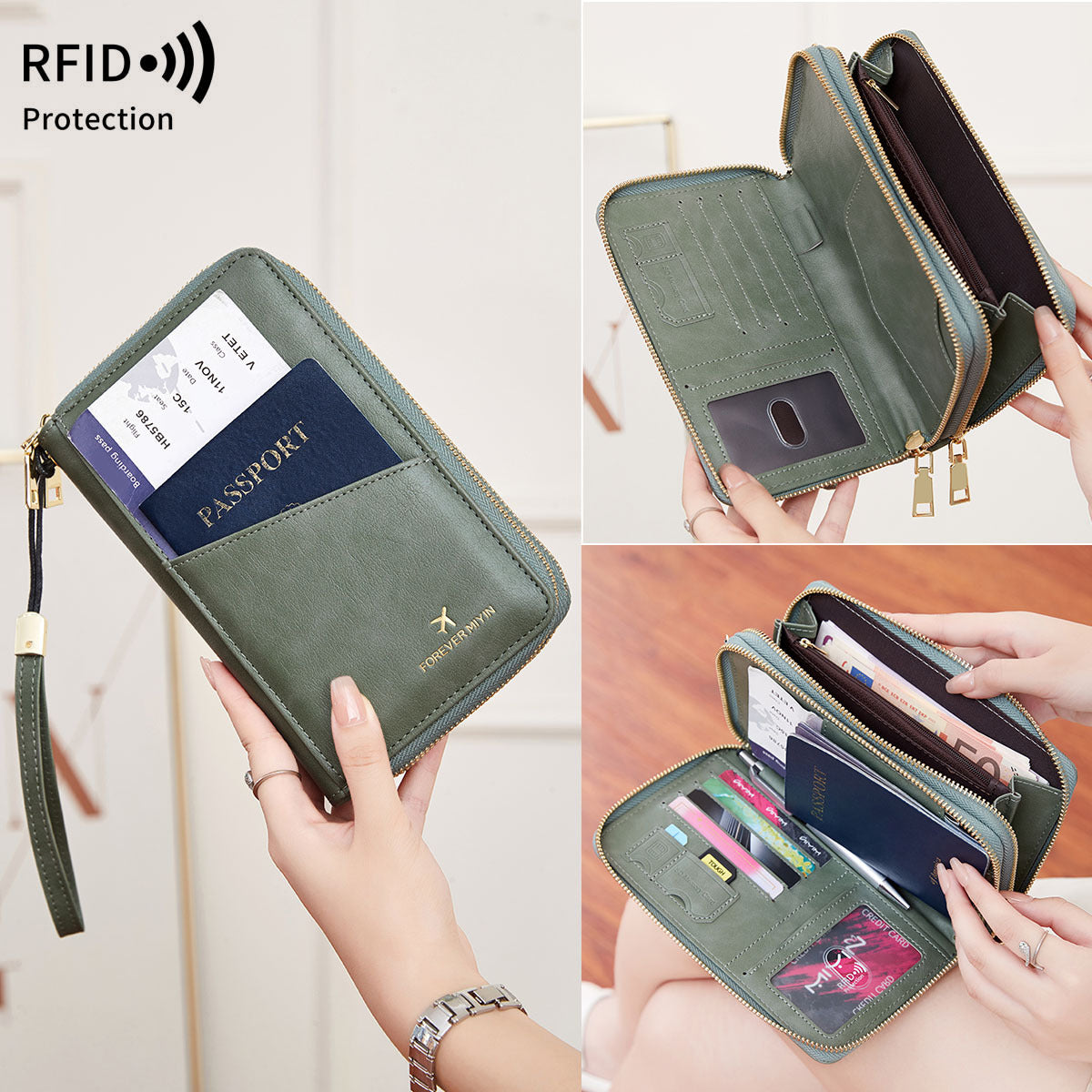 Black RFID Blocking Passport Wallet - Multi-Function Travel Organizer with Double Zipper and Crossbody Strap
