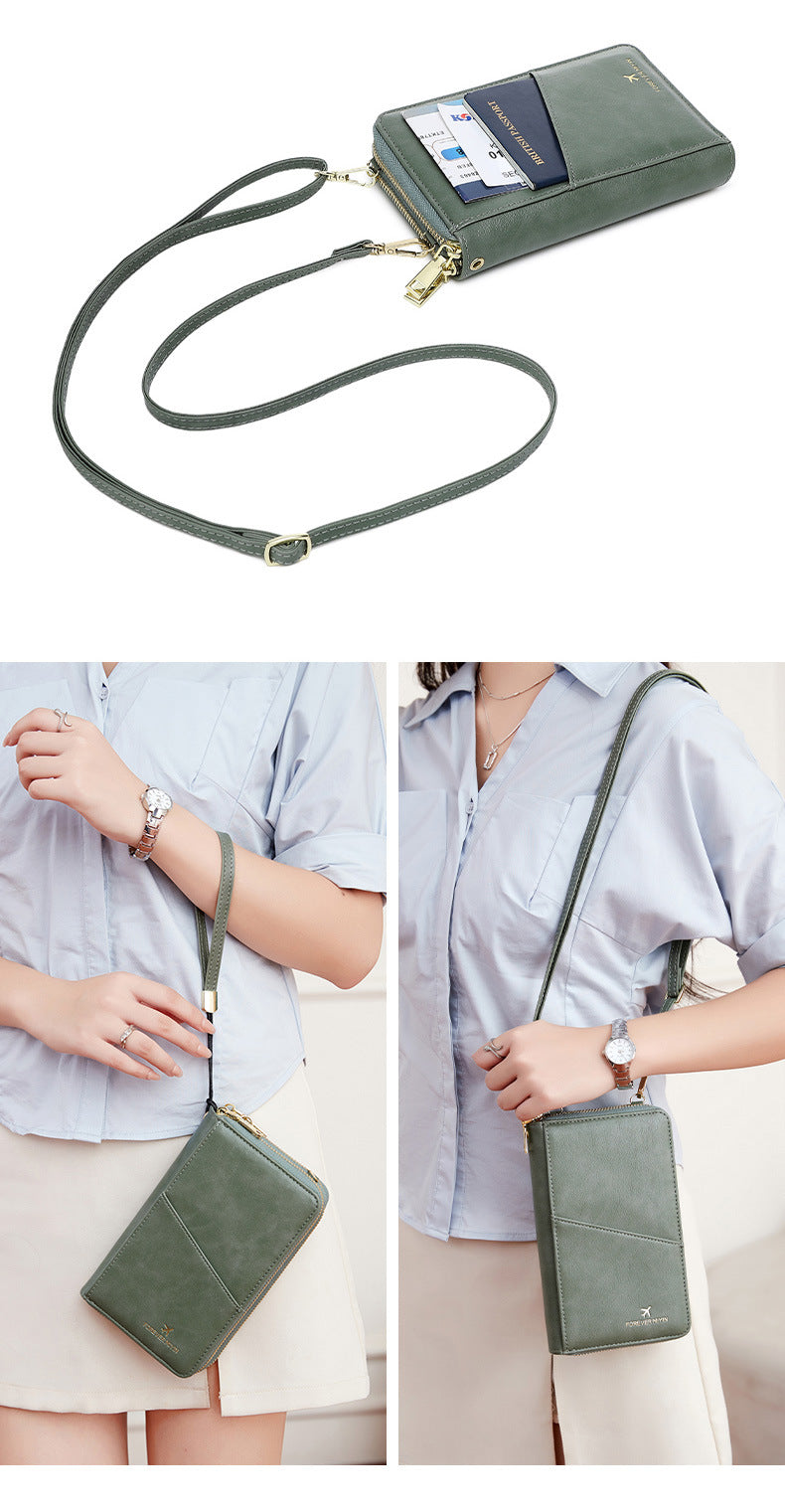 Red RFID Blocking Passport Wallet - Multi-Function Travel Organizer with Double Zipper and Crossbody Strap