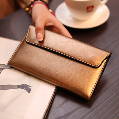 Gold Women's Genuine Leather Long Wallet - Slim Business Clutch with Snap Closure, Multi-Card Holder