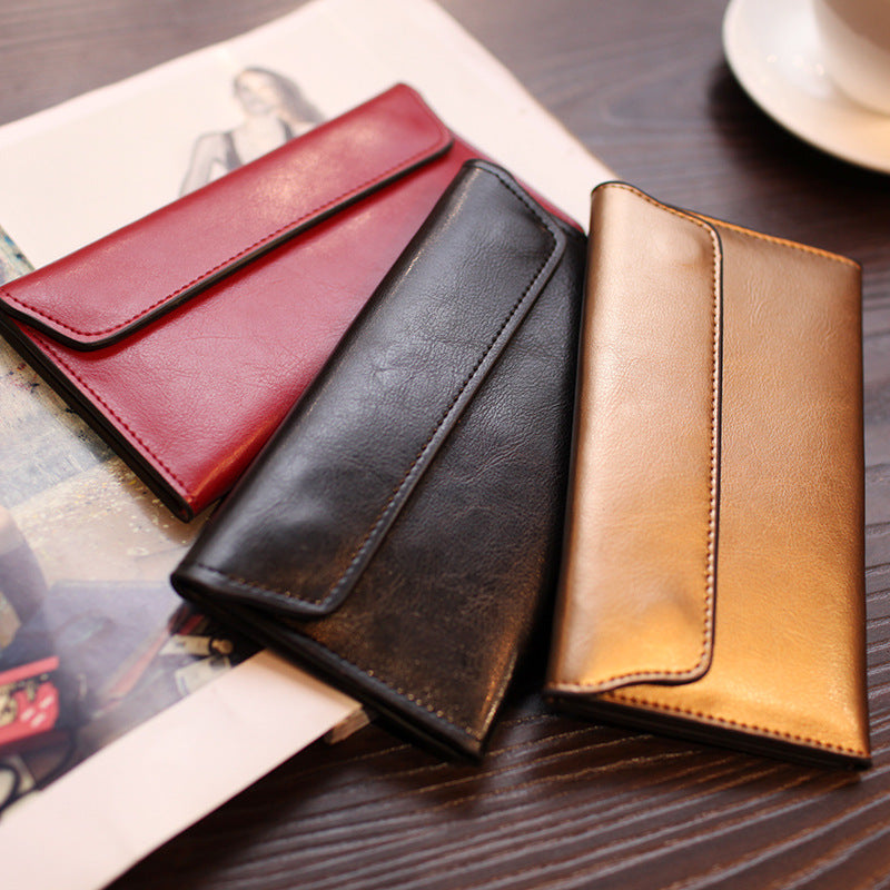 Gold Women's Genuine Leather Long Wallet - Slim Business Clutch with Snap Closure, Multi-Card Holder