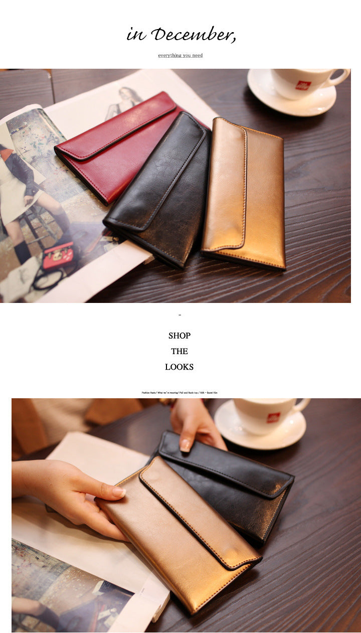 Gold Women's Genuine Leather Long Wallet - Slim Business Clutch with Snap Closure, Multi-Card Holder