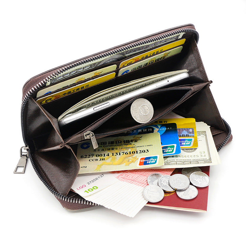 Brown 2PCS Men's Premium Long Wallet - Business PU Leather Zip Around Card Holder with Multiple Slots & Pull-Tab Design