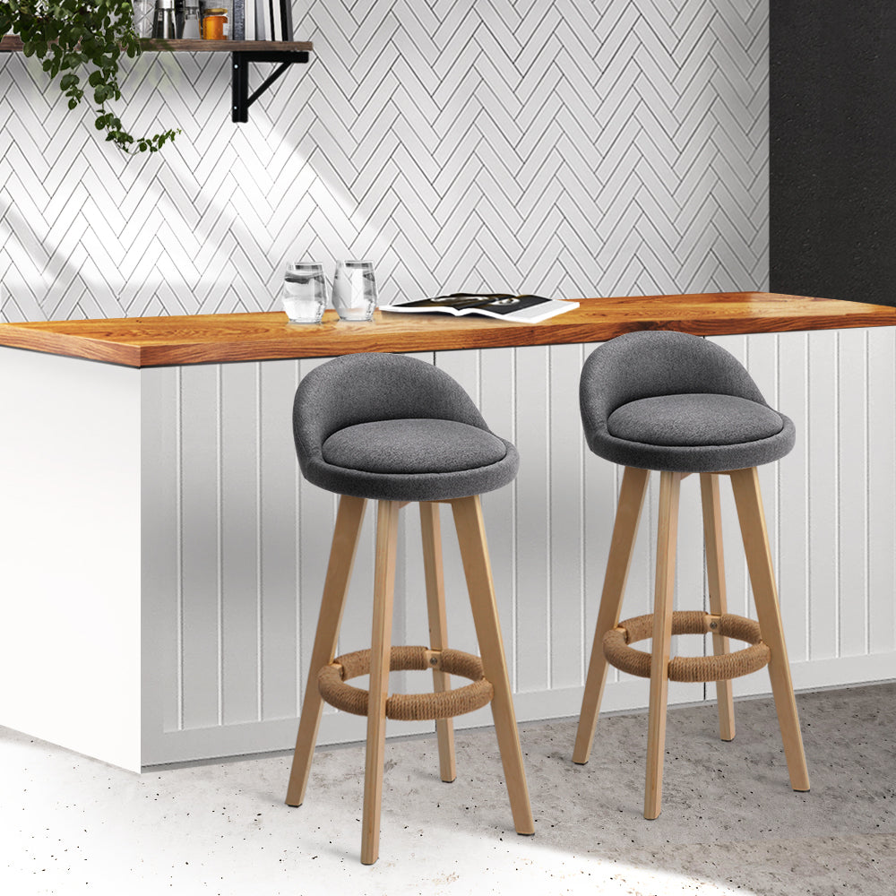 Artiss 2x Bar Stools Padded Linen Wooden Grey