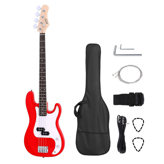 Red electric bass guitar with accessories on a white background