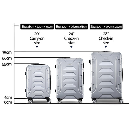 Wanderlite 3pc Luggage Trolley Travel Suitcase Set TSA Hard Case Shell Strap Silver