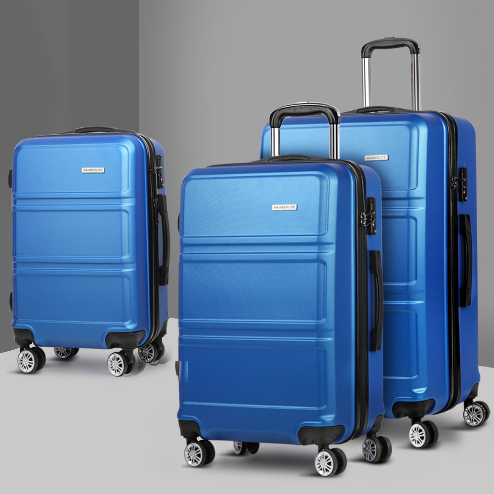 Wanderlite 3pc Luggage Trolley Set Suitcase Travel TSA Carry On Hard Case Lightweight Blue