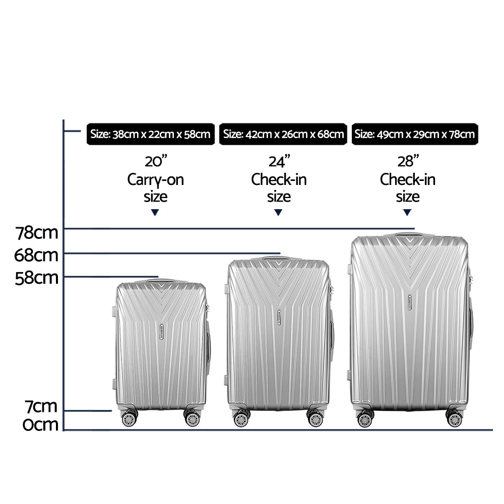 Wanderlite 3pc Luggage Trolley Set Suitcase Travel TSA Hard Case Carry On Silver Lightweight