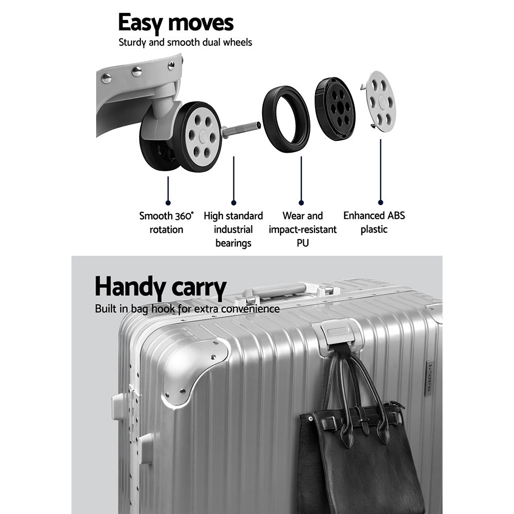 Wanderlite 28" Luggage Trolley Travel Suitcase Set TSA Carry On Lightweight Aluminum Silver