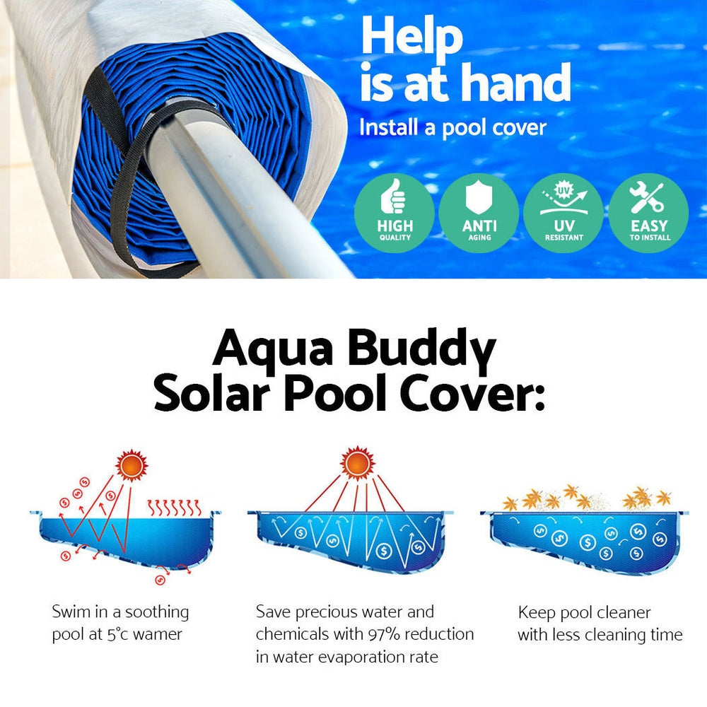 Aquabuddy Pool Cover 500 Micron 10.5x4.2m Swimming Pool Solar Blanket & 5.5m Blue Roller