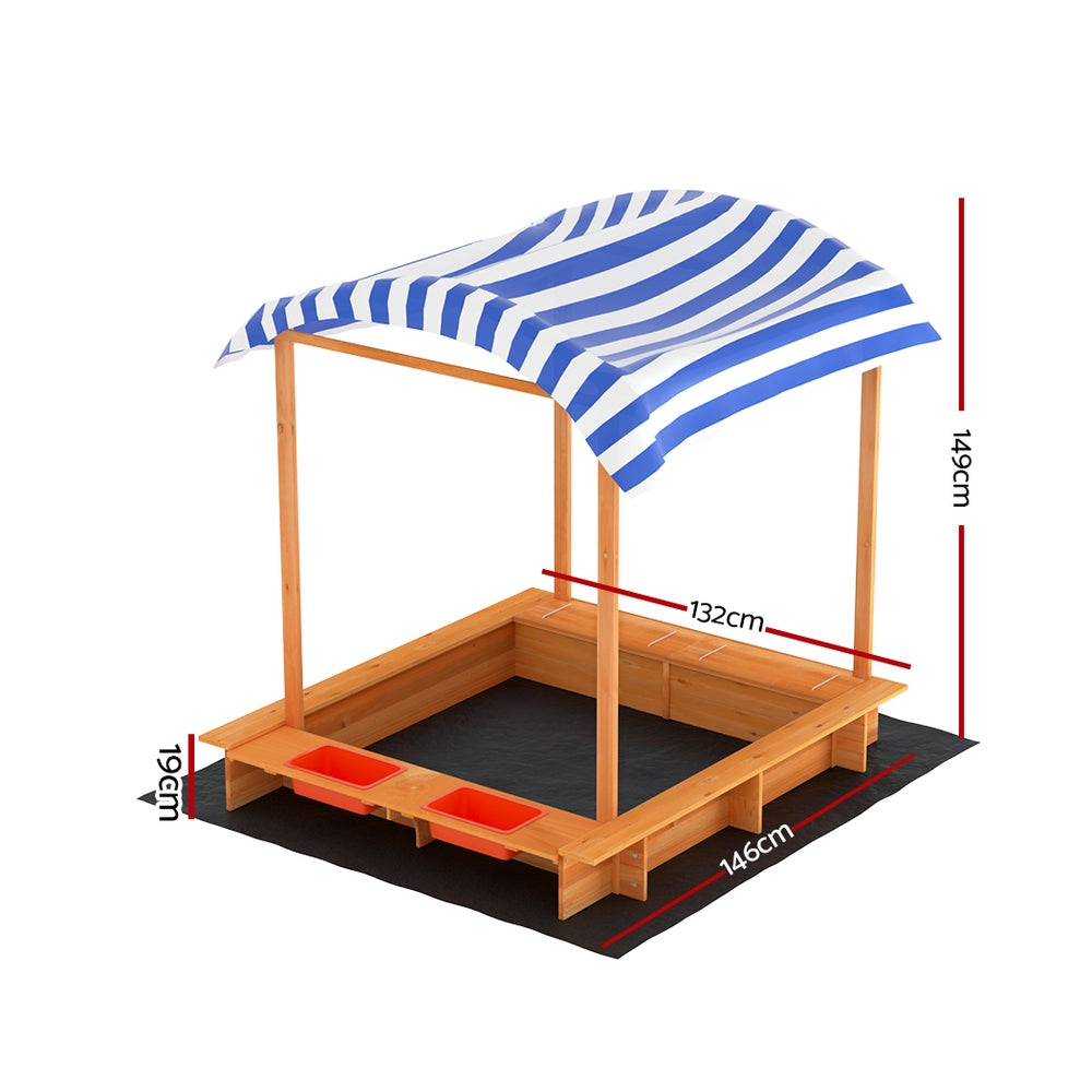 Keezi Kids Sandpit Wooden Sandbox Sand Pit with Canopy Water Basin Toys 146cm