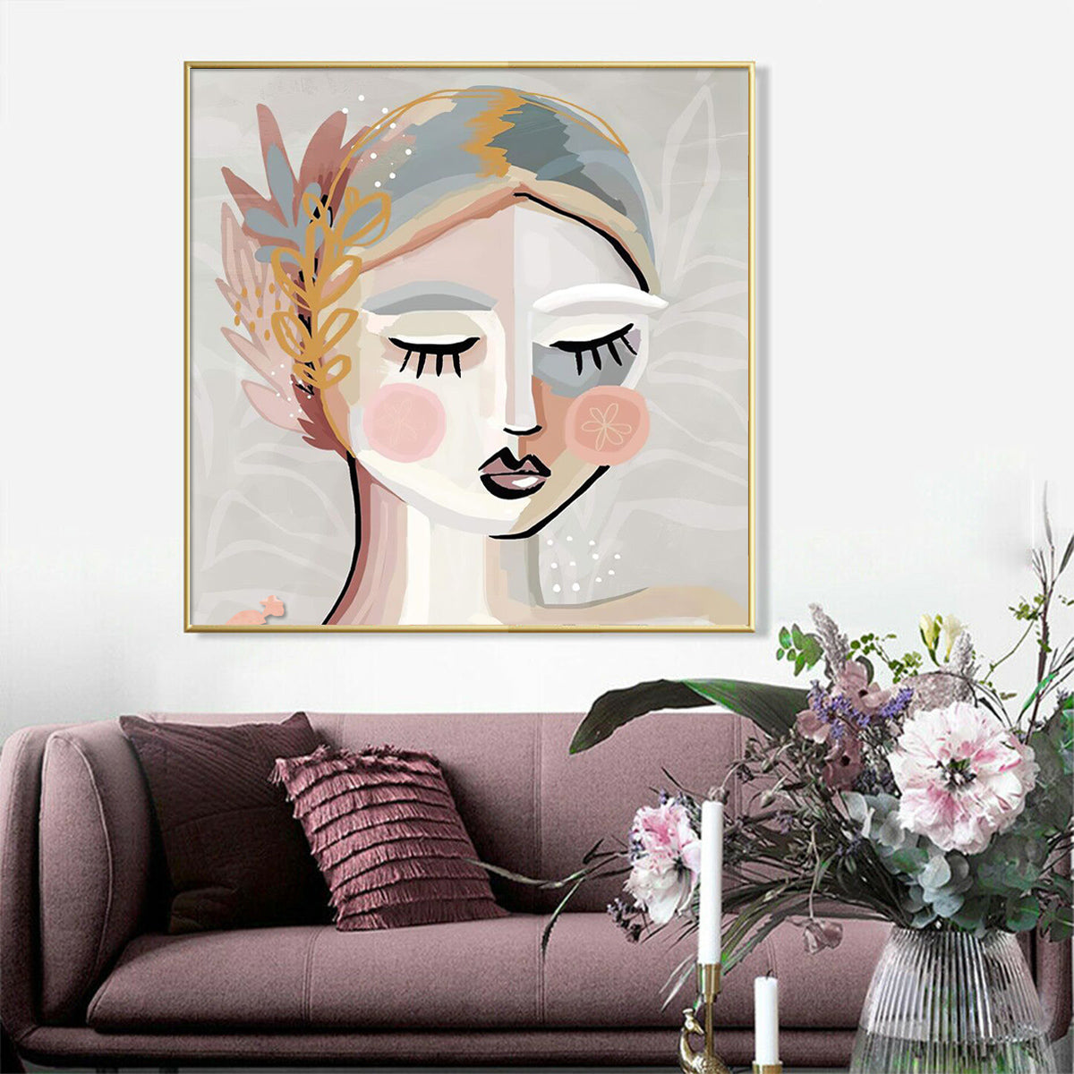 Wall Art 80cmx80cm Calm Girl Gold Frame Canvas