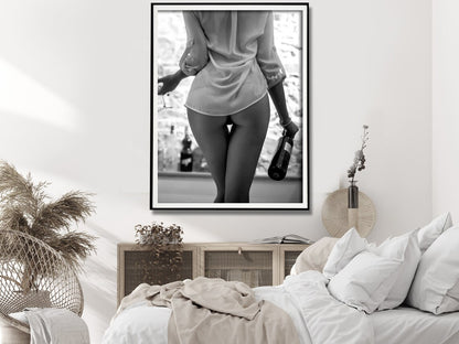 Wall Art 90cmx135cm Woman Drinking Wine , Black and White, Black Frame Canvas