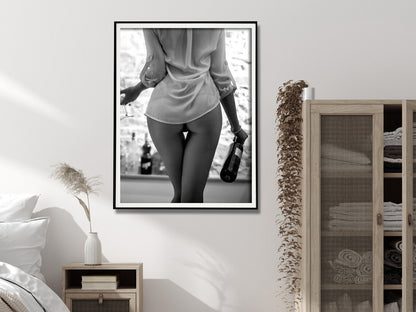 Wall Art 100cmx150cm Woman Drinking Wine , Black and White, Black Frame Canvas