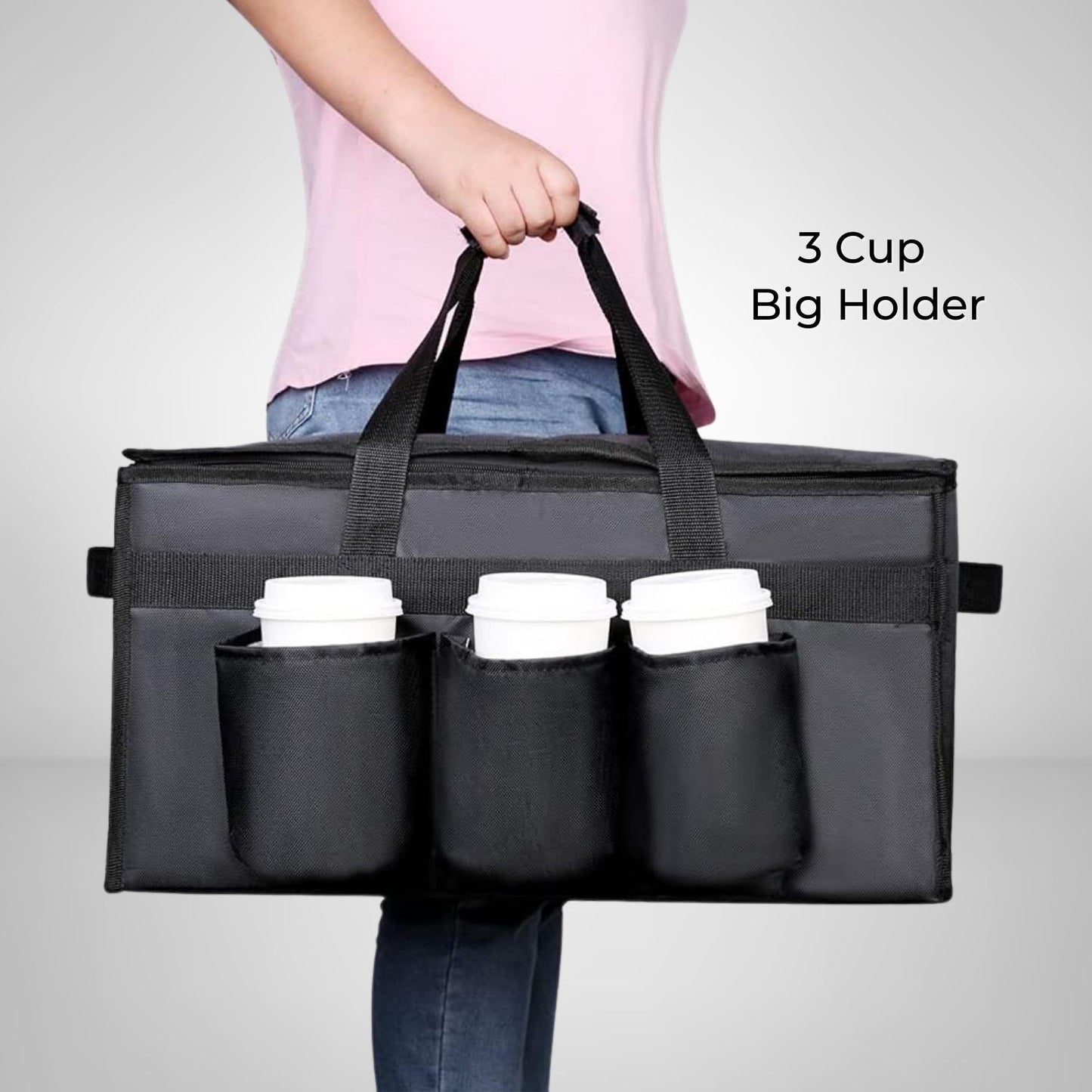 GOMINIMO Insulated Food Delivery Bag with Cup Holders (Black & Grey) GO-FDB-101-KLAD