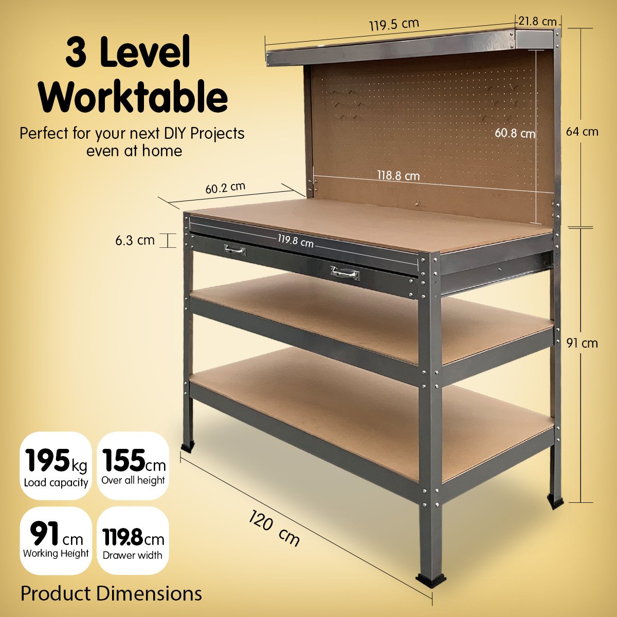 Kartrite 3-layered Work Bench Garage Storage Table Tool Shop Shelf Silver