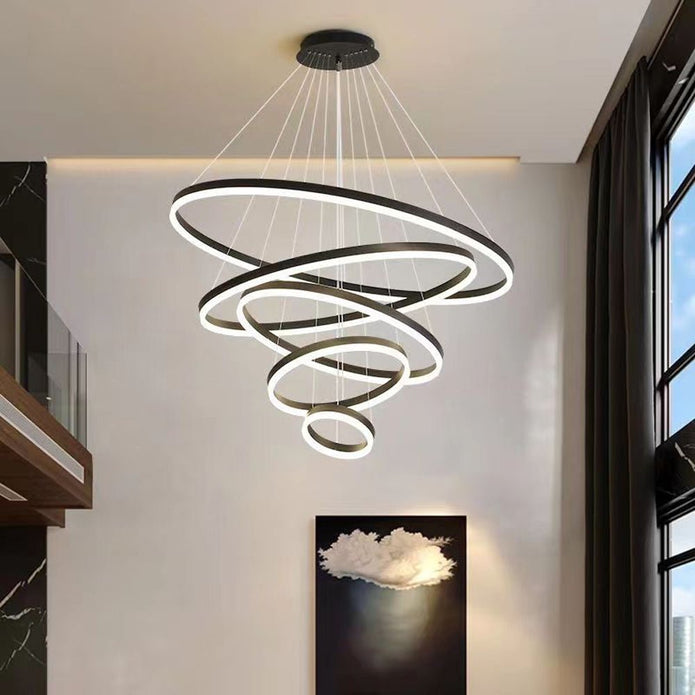 Black 4 Rings Minimalist LED Pendant Light Adjustable Circular Chandelier