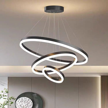 Black 4 Rings Minimalist LED Pendant Light Adjustable Circular Chandelier