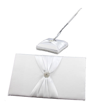 White Wedding Guest Book Register with Silver Pen Matching Stand Set 36 Lined Pages - White Sach Diamante Cover