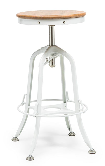 White Bar Stool Hamptons Style Height Adjustable and Swivel with Natural Wood Top