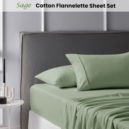 Accessorize Cotton Flannelette Sheet Set 40cm Wall Sage Queen
