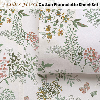 Accessorize Cotton Flannelette Sheet Set 40cm Wall Feuilles Floral Print King