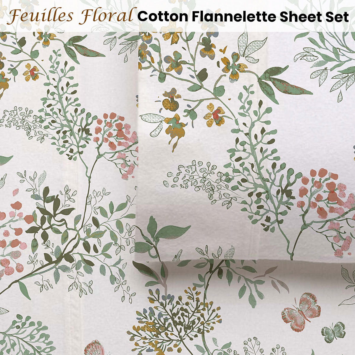 Accessorize Cotton Flannelette Sheet Set 40cm Wall Feuilles Floral Print Queen
