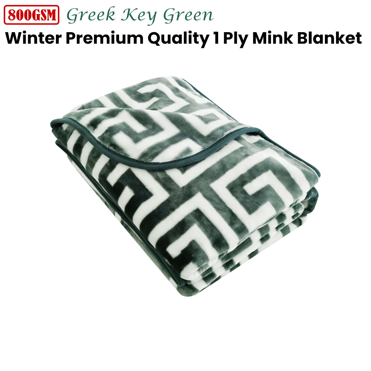 Bloomington 800GSM Greek Key Green Winter Premium Quality 1 Ply Mink Blanket Queen