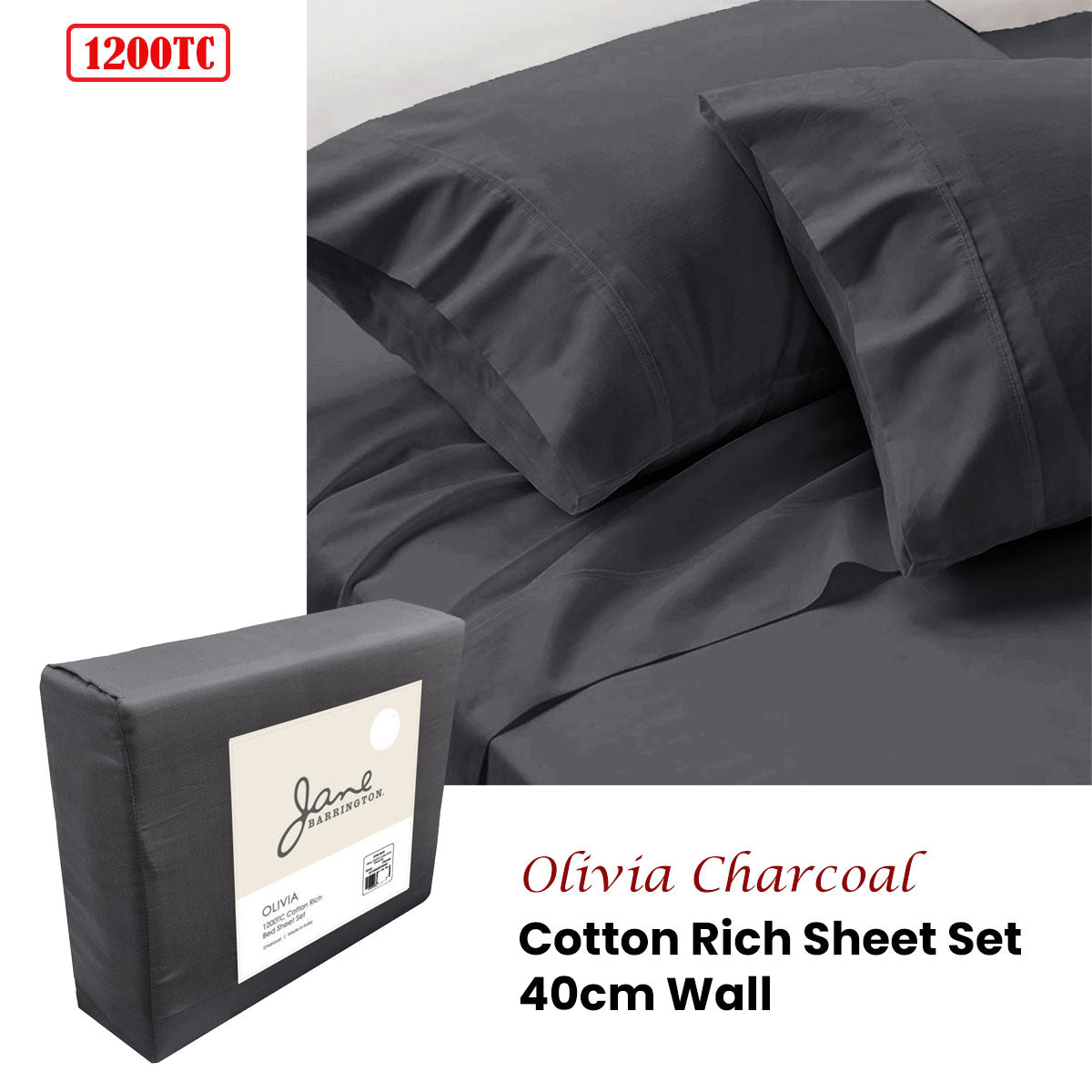 Jane Barrington 1200TC Olivia Cotton Rich Sheet Set 40cm Wall Charcoal King