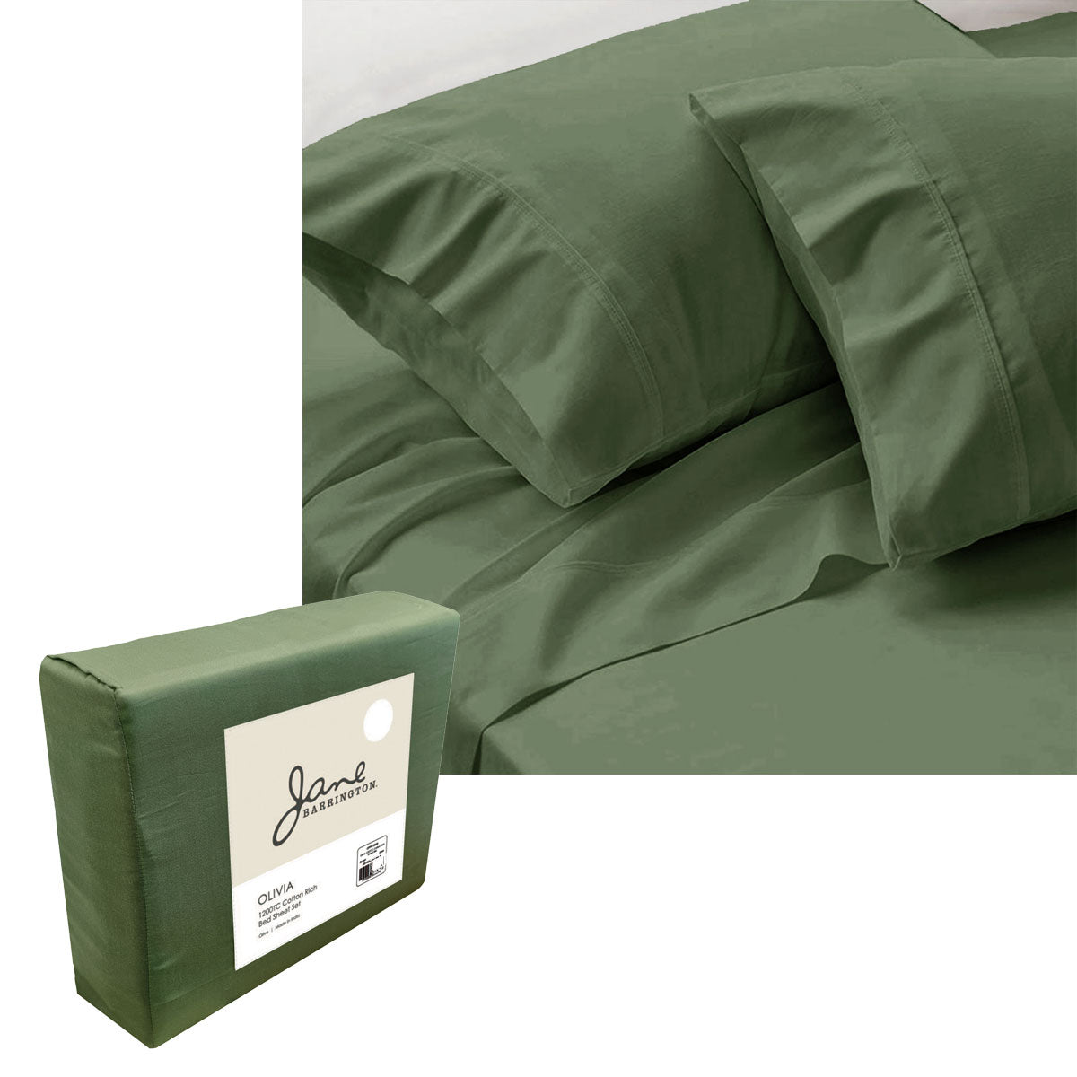 Jane Barrington 1200TC Olivia Cotton Rich Sheet Set 40cm Wall Olive Queen