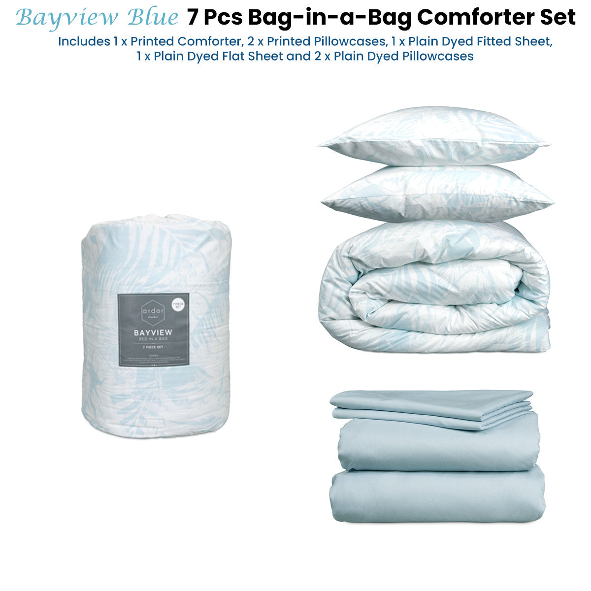Ardor Bayview Blue 7 Pcs Bed-In-A-Bag Comforter Set with Sheet Set Queen