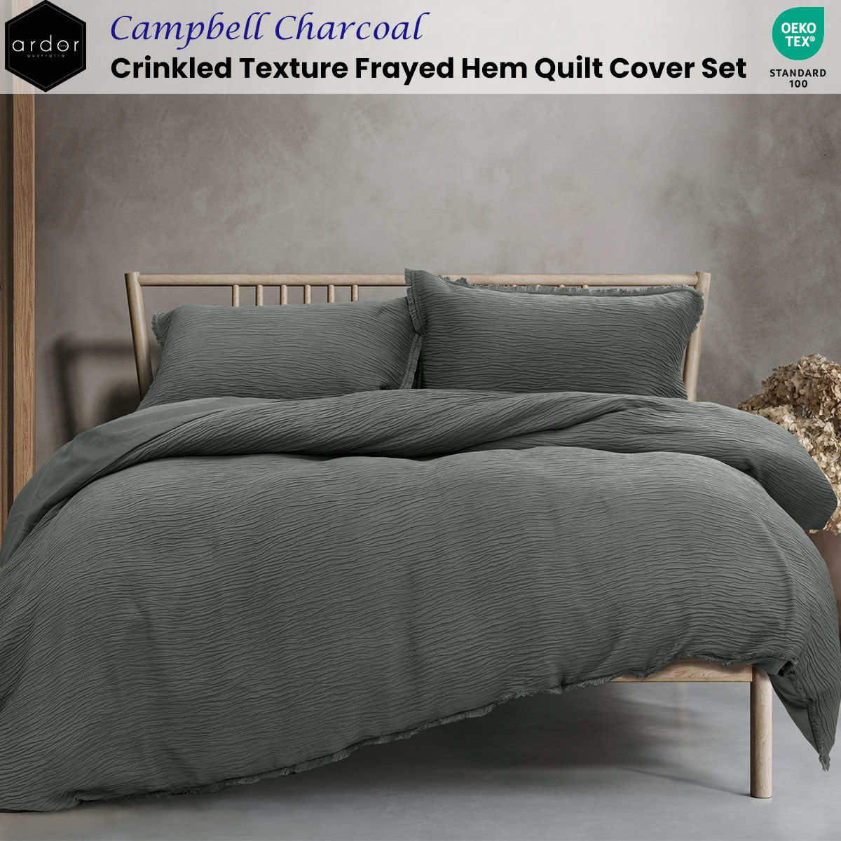 Ardor Campbell Charcoal Crinkled Texture Quilt Cover Set Queen