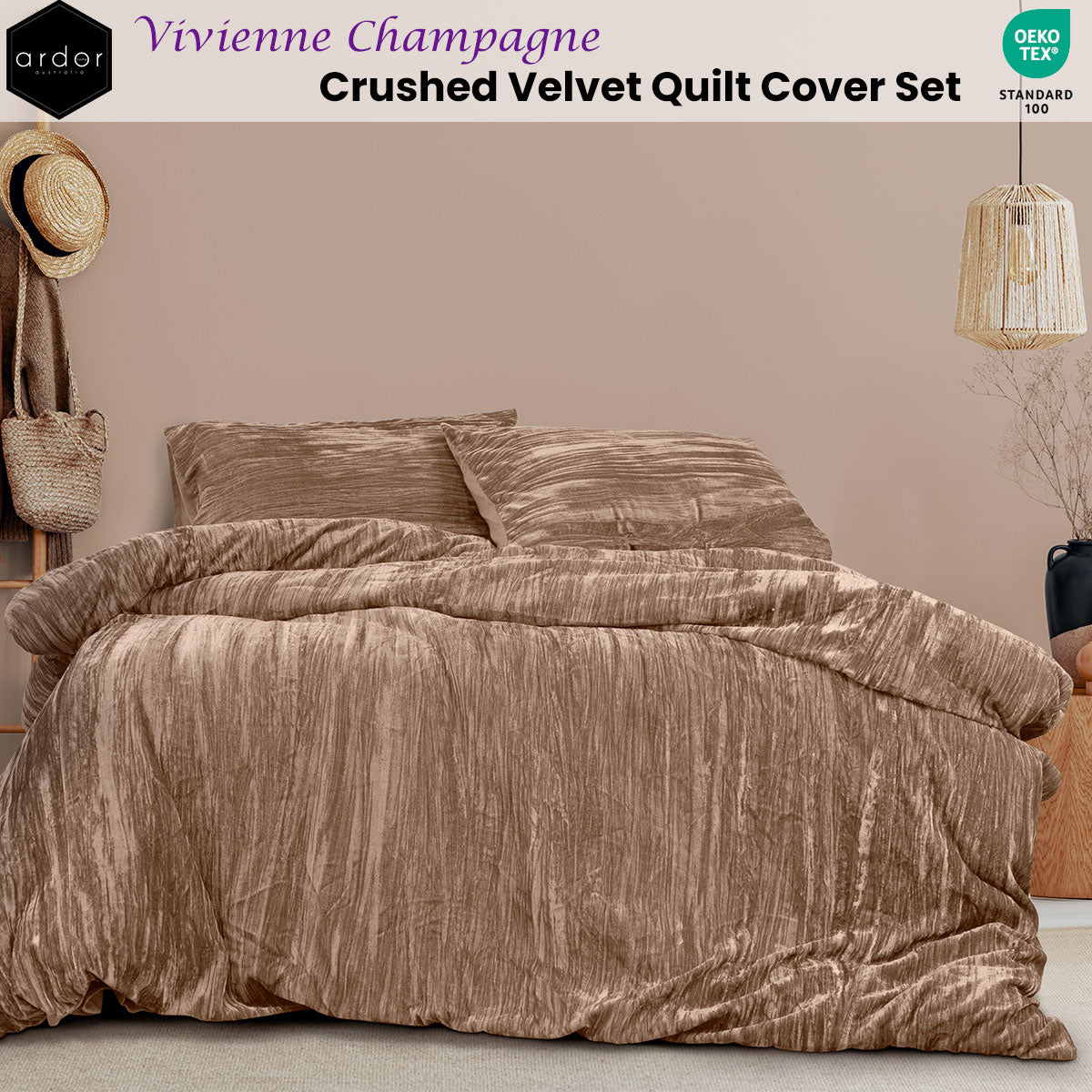 Ardor Vivienne Champagne Crushed Velvet Quilt Cover Set King