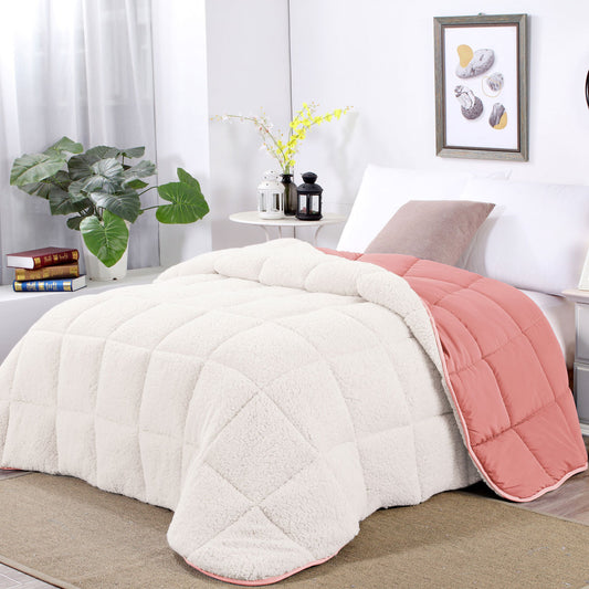 Shangri La Rose Tan Sherpa Fleece Reversible 3 Pcs Comforter Set King