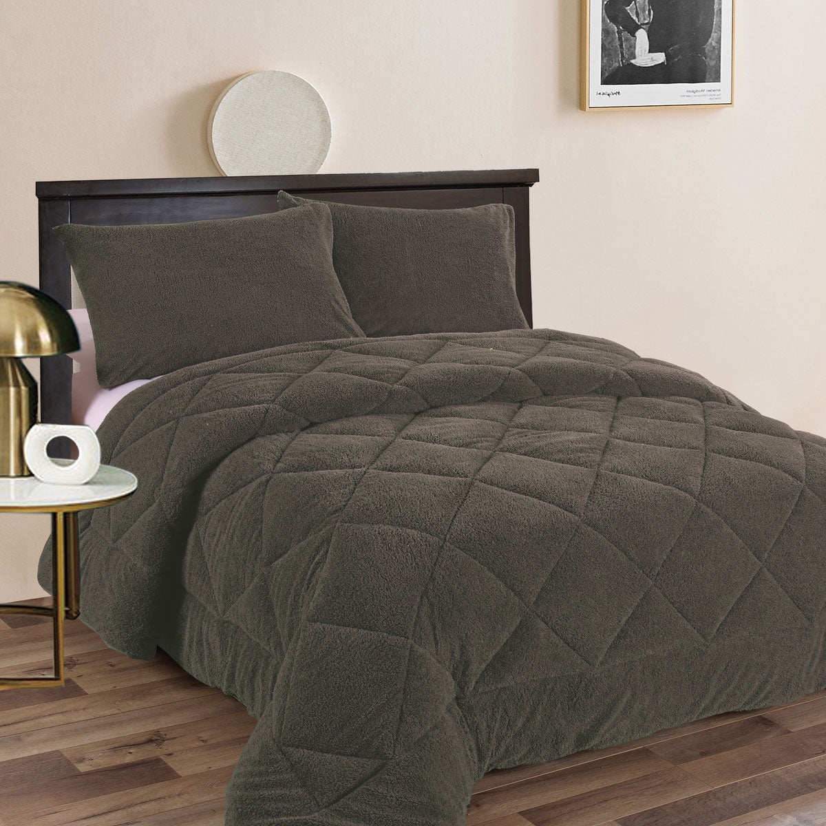 Ramesses Teddy Fleece 3 Pcs Comforter Set Charcoal Queen