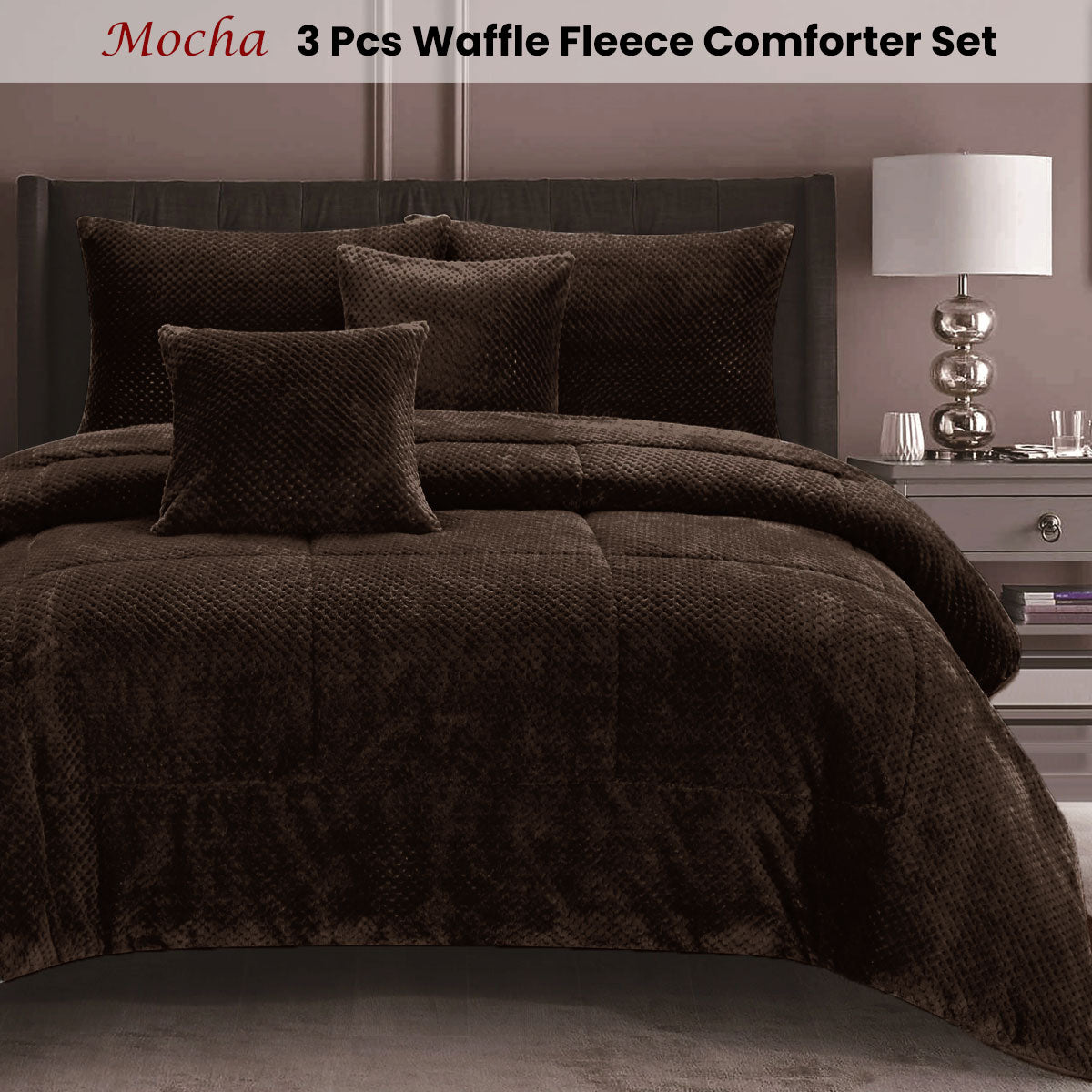 Ramesses Waffle Fleece Mocha 3 Pcs Comforter Set Queen