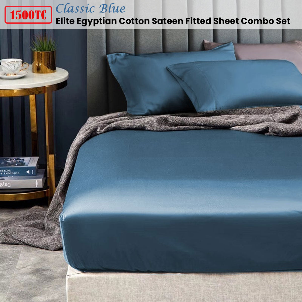 Ramesses 1500TC Elite Egyptian Cotton Sateen Fitted Sheet Combo Set Classic Blue King